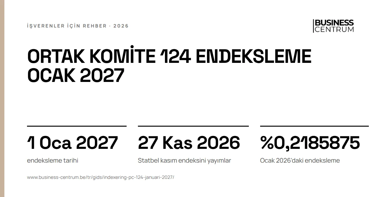 Ortak komite 124 endeksleme Ocak 2027: endeksleme tarihi 1 Ocak 2027, Statbel kasım endeksini yayımlar 27 Kasım 2026, Ocak 2026'daki endeksleme %0,2185875