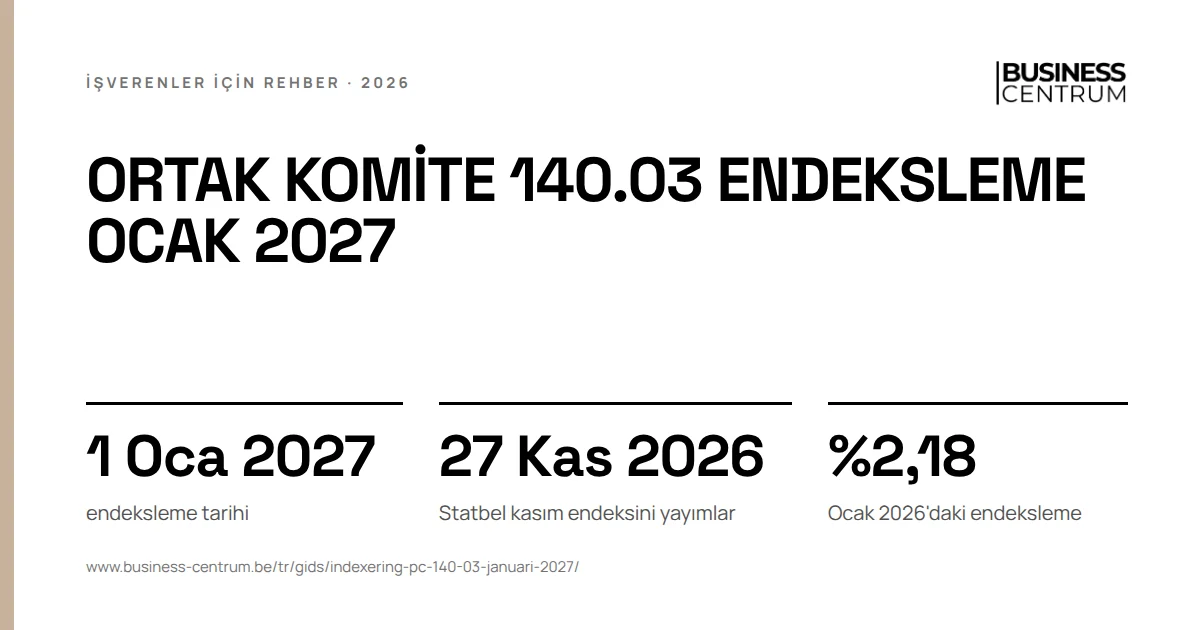 Ortak komite 140.03 endeksleme Ocak 2027: endeksleme tarihi 1 Ocak 2027, Statbel kasım endeksini yayımlar 27 Kasım 2026, Ocak 2026'daki endeksleme %2,18