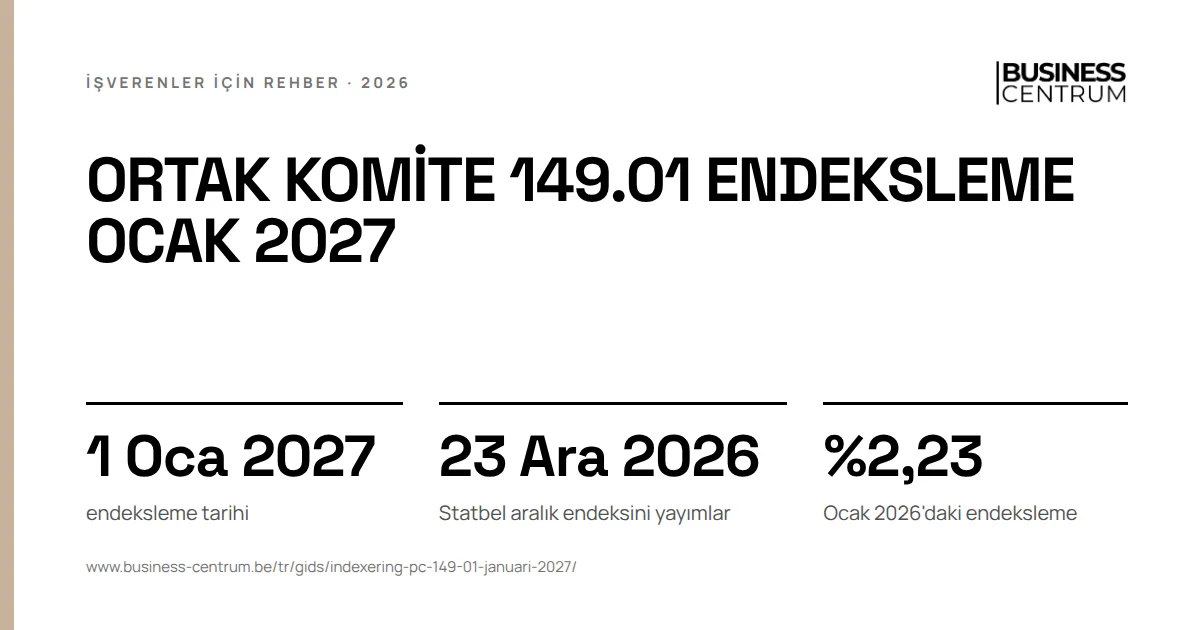 Ortak komite 149.01 endeksleme Ocak 2027: endeksleme tarihi 1 Ocak 2027, Statbel aralık endeksini yayımlar 23 Aralık 2026, Ocak 2026'daki endeksleme %2,23