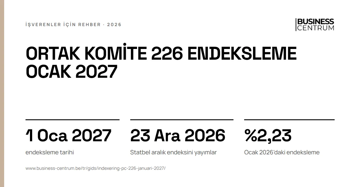 Ortak komite 226 endeksleme Ocak 2027: endeksleme tarihi 1 Ocak 2027, Statbel aralık endeksini yayımlar 23 Aralık 2026, Ocak 2026'daki endeksleme %2,23