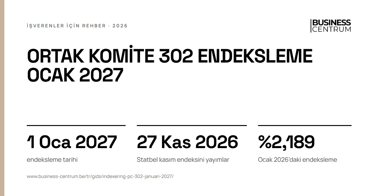 Ortak komite 302 endeksleme Ocak 2027: endeksleme tarihi 1 Ocak 2027, Statbel kasım endeksini yayımlar 27 Kasım 2026, Ocak 2026'daki endeksleme %2,189