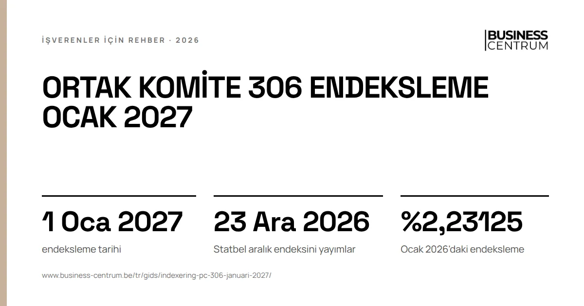 Ortak komite 306 endeksleme Ocak 2027: endeksleme tarihi 1 Ocak 2027, Statbel aralık endeksini yayımlar 23 Aralık 2026, Ocak 2026'daki endeksleme %2,23125
