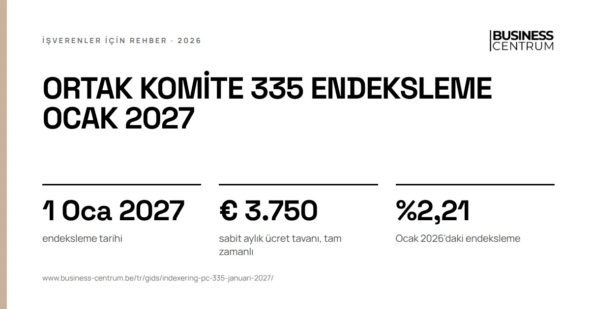 Ortak komite 335 endeksleme Ocak 2027: endeksleme tarihi 1 Ocak 2027, sabit aylık ücret tavanı, tam zamanlı € 3.750, Ocak 2026'daki endeksleme %2,21