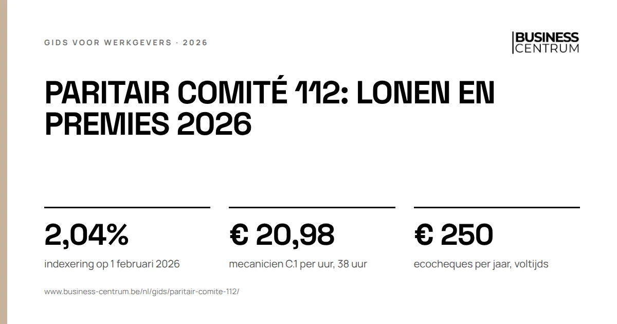 Paritair comité 112: lonen en premies 2026: indexering op 1 februari 2026 2,04%, mecanicien C.1 per uur, 38 uur € 20,98, ecocheques per jaar, voltijds € 250