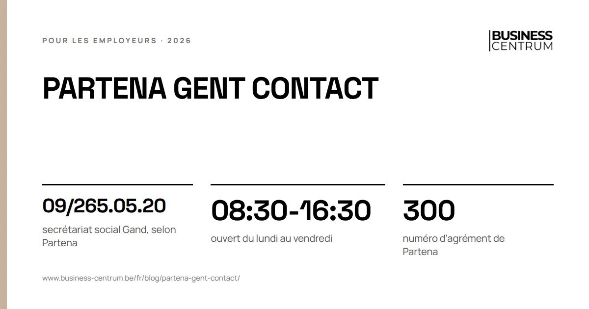 Partena Gent contact: secrétariat social Gand, selon Partena 09/265.05.20, ouvert du lundi au vendredi 08:30-16:30, numéro d'agrément de Partena 300