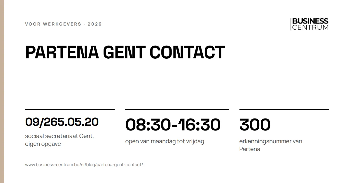 Partena Gent contact: sociaal secretariaat Gent, eigen opgave 09/265.05.20, open van maandag tot vrijdag 08:30-16:30, erkenningsnummer van Partena 300