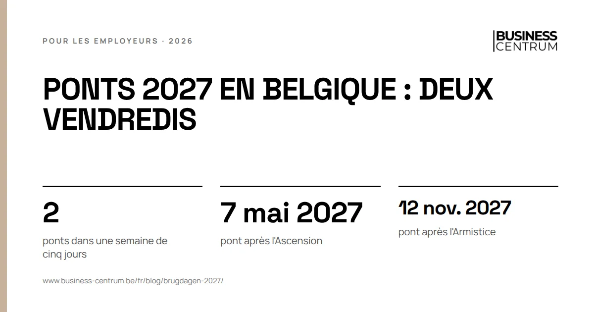 Ponts 2027 en Belgique : deux vendredis: ponts dans une semaine de cinq jours 2, pont après l'Ascension 7 mai 2027, pont après l'Armistice 12 novembre 2027