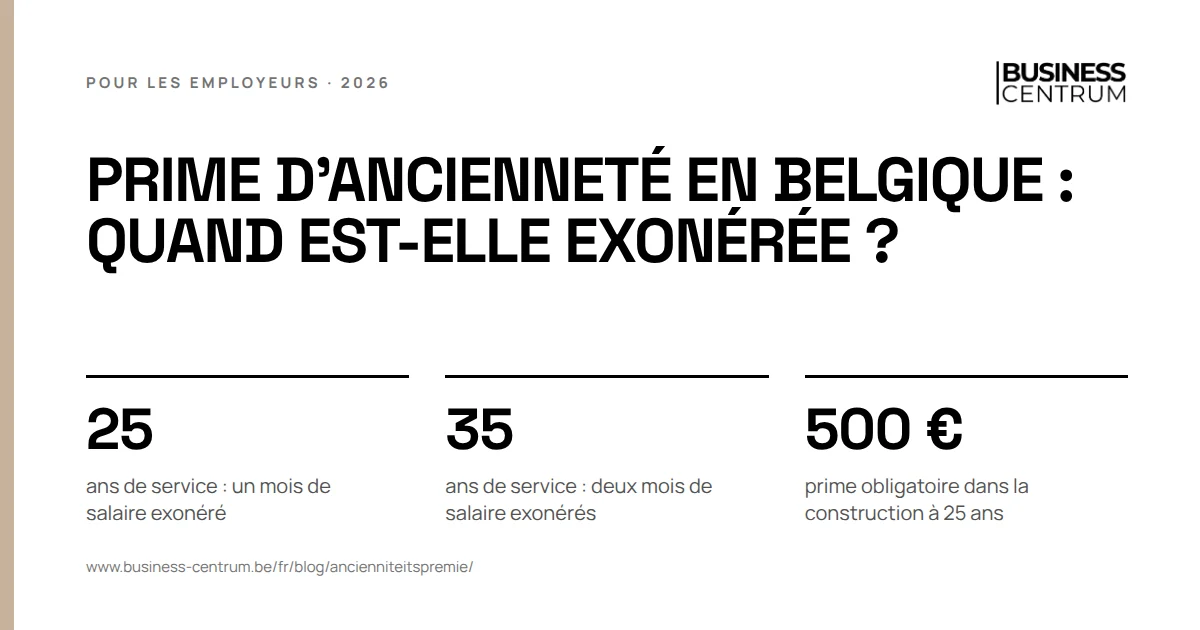 Prime d'ancienneté en Belgique : quand est-elle exonérée ?: ans de service : un mois de salaire exonéré 25, ans de service : deux mois de salaire exonérés 35, prime obligatoire dans la construction à 25 ans 500 €