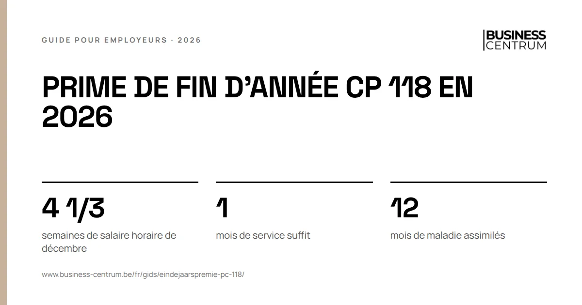 Prime de fin d'année CP 118 en 2026: semaines de salaire horaire de décembre 4 1/3, mois de service suffit 1, mois de maladie assimilés 12