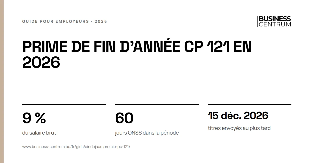 Prime de fin d'année CP 121 en 2026: du salaire brut 9 %, jours ONSS dans la période 60, titres envoyés au plus tard 15 décembre 2026