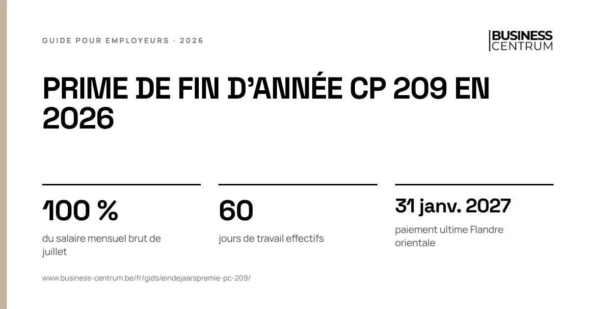 Prime de fin d'année CP 209 en 2026: du salaire mensuel brut de juillet 100 %, jours de travail effectifs 60, paiement ultime Flandre orientale 31 janvier 2027
