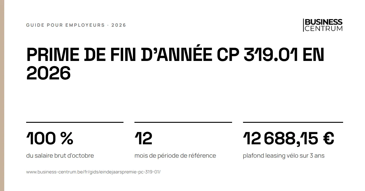 Prime de fin d'année CP 319.01 en 2026: du salaire brut d'octobre 100 %, mois de période de référence 12, plafond leasing vélo sur 3 ans 12 688,15 €