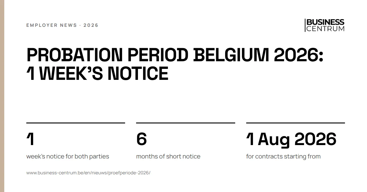 Probation period Belgium 2026: 1 week's notice: week's notice for both parties 1, months of short notice 6, for contracts starting from 1 August 2026