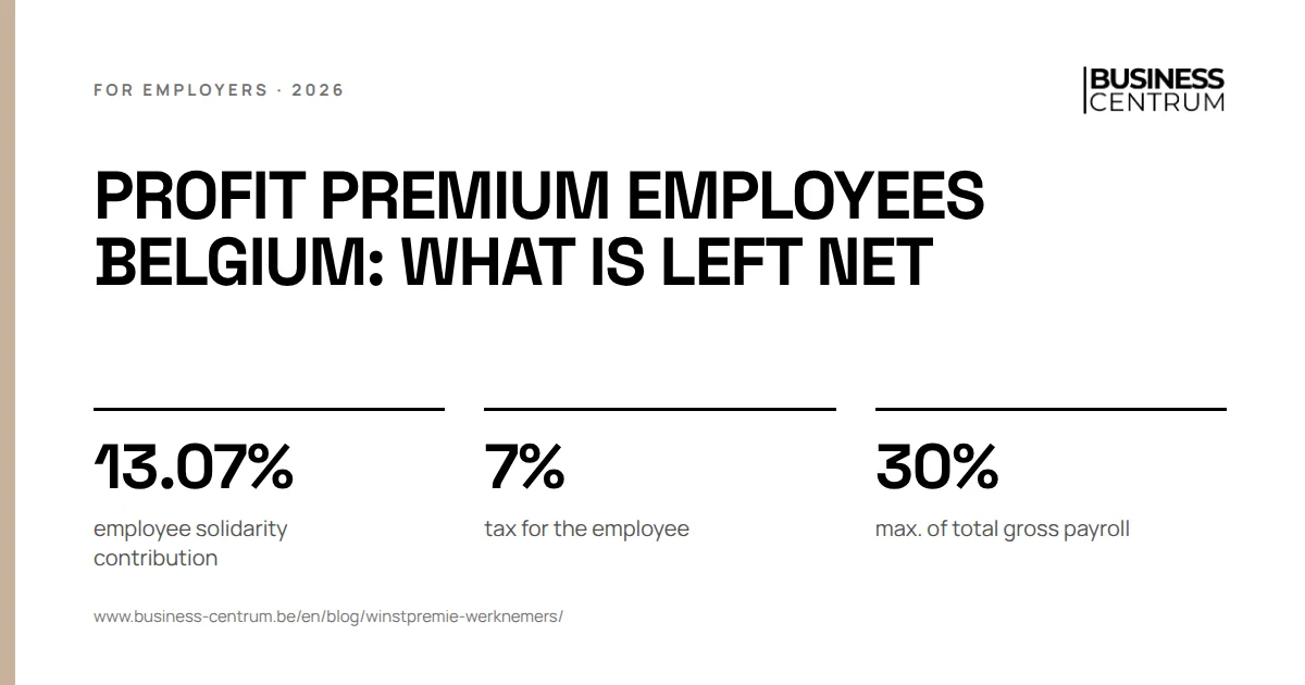 Profit premium employees Belgium: what is left net: employee solidarity contribution 13.07%, tax for the employee 7%, max. of total gross payroll 30%