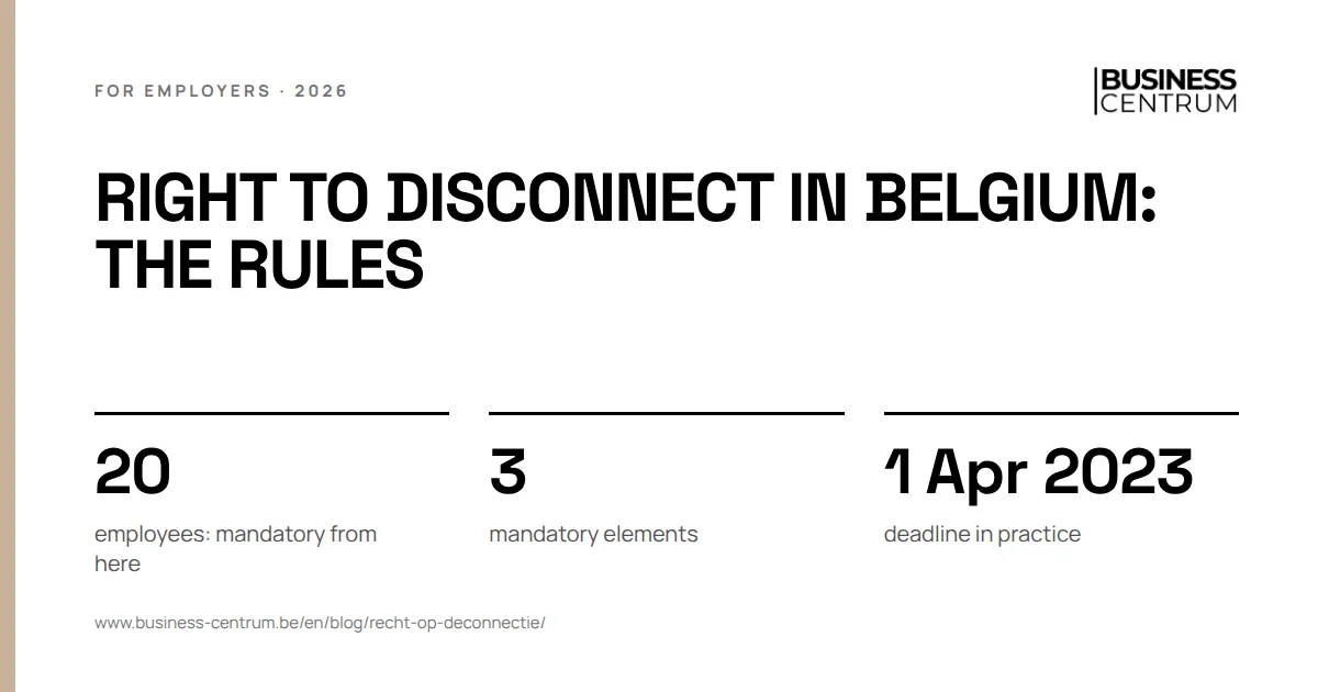 Right to disconnect in Belgium: the rules: employees: mandatory from here 20, mandatory elements 3, deadline in practice 1 April 2023