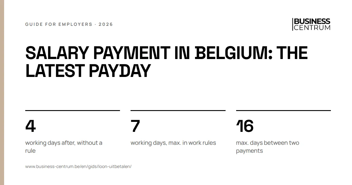 Salary payment in Belgium: the latest payday: working days after, without a rule 4, working days, max. in work rules 7, max. days between two payments 16