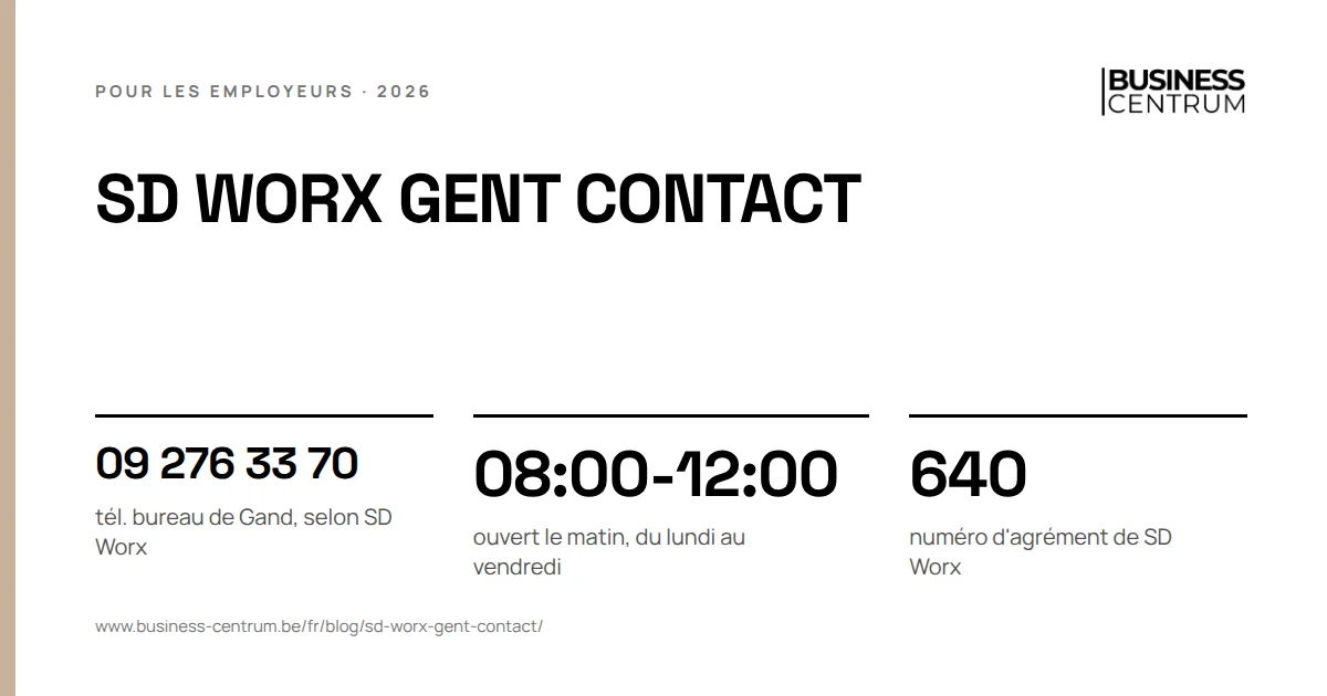 SD Worx Gent contact: tél. bureau de Gand, selon SD Worx 09 276 33 70, ouvert le matin, du lundi au vendredi 08:00-12:00, numéro d'agrément de SD Worx 640