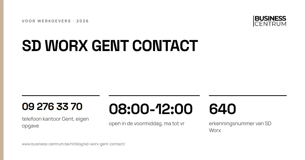 SD Worx Gent contact: telefoon kantoor Gent, eigen opgave 09 276 33 70, open in de voormiddag, ma tot vr 08:00-12:00, erkenningsnummer van SD Worx 640