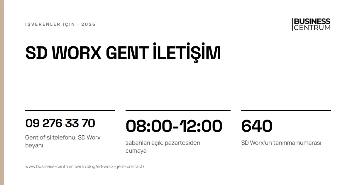 SD Worx Gent iletişim: Gent ofisi telefonu, SD Worx beyanı 09 276 33 70, sabahları açık, pazartesiden cumaya 08:00-12:00, SD Worx'un tanınma numarası 640