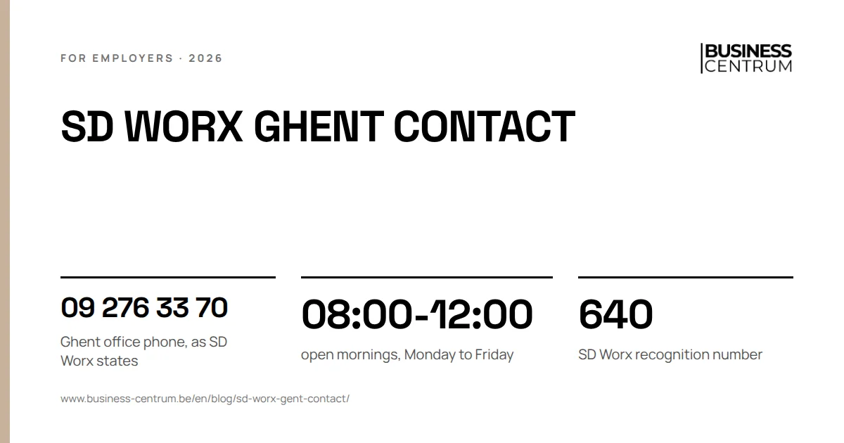 SD Worx Ghent contact: Ghent office phone, as SD Worx states 09 276 33 70, open mornings, Monday to Friday 08:00-12:00, SD Worx recognition number 640