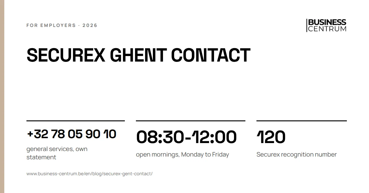 Securex Ghent contact: general services, own statement +32 78 05 90 10, open mornings, Monday to Friday 08:30-12:00, Securex recognition number 120