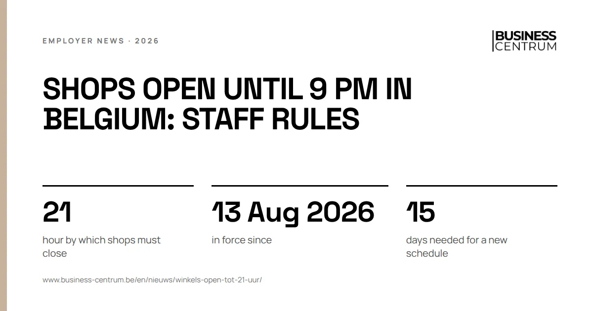 Shops open until 9 pm in Belgium: staff rules: hour by which shops must close 21, in force since 13 August 2026, days needed for a new schedule 15