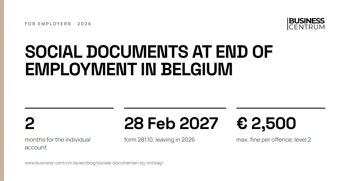 Social documents at end of employment in Belgium: months for the individual account 2, form 281.10, leaving in 2026 28 February 2027, max. fine per offence, level 2 € 2,500