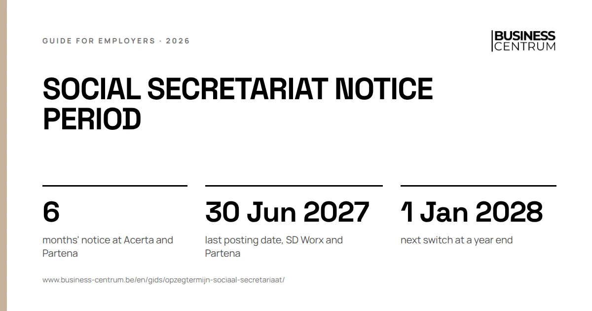 Social secretariat notice period: months' notice at Acerta and Partena 6, last posting date, SD Worx and Partena 30 June 2027, next switch at a year end 1 January 2028