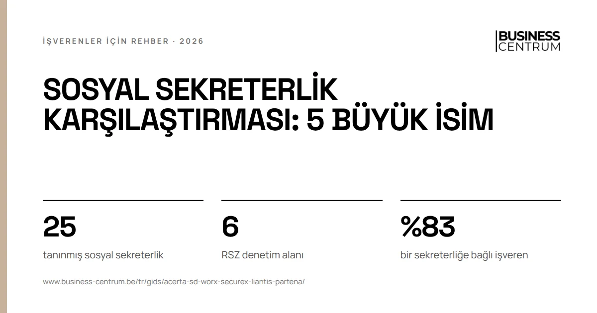 Sosyal sekreterlik karşılaştırması: 5 büyük isim: tanınmış sosyal sekreterlik 25, RSZ denetim alanı 6, bir sekreterliğe bağlı işveren %83