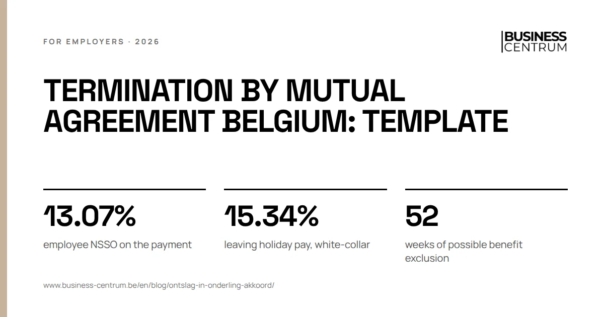 Termination by mutual agreement Belgium: template: employee NSSO on the payment 13.07%, leaving holiday pay, white-collar 15.34%, weeks of possible benefit exclusion 52