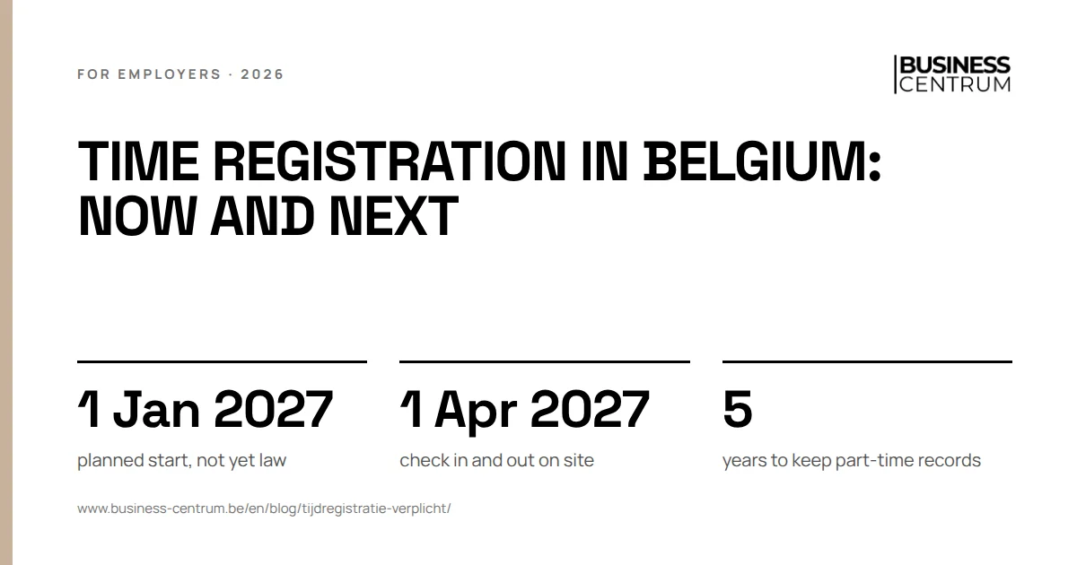 Time registration in Belgium: now and next: planned start, not yet law 1 January 2027, check in and out on site 1 April 2027, years to keep part-time records 5