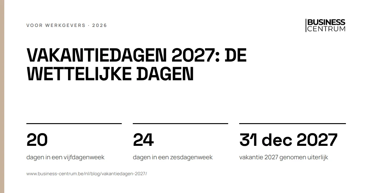 Vakantiedagen 2027: de wettelijke dagen: dagen in een vijfdagenweek 20, dagen in een zesdagenweek 24, vakantie 2027 genomen uiterlijk 31 december 2027