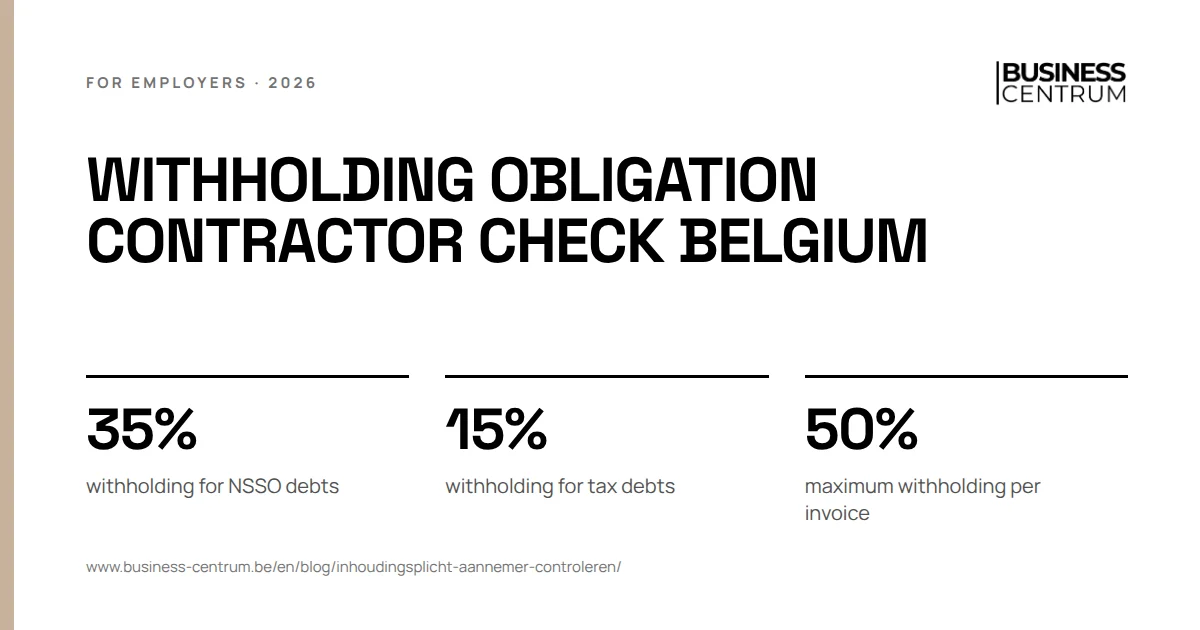 Withholding obligation contractor check Belgium: withholding for NSSO debts 35%, withholding for tax debts 15%, maximum withholding per invoice 50%